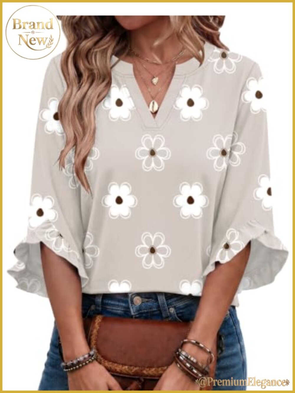 Women's Ruffle 3/4 Sleeve V-Neck Blouse Polyester Spandex Casual Work Top